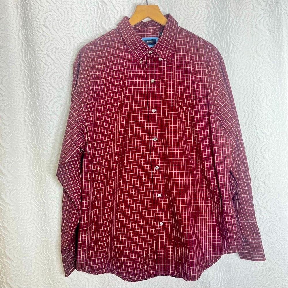 Arrow Men's XL Maroon Plaid Button Down Long Sleeve Shirt